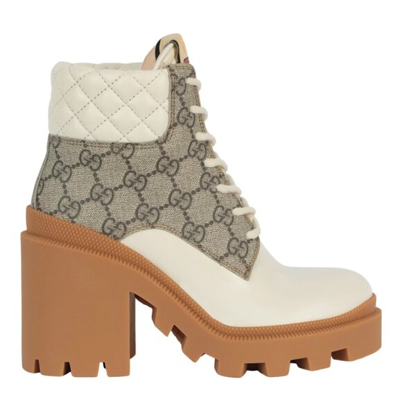Gucci Trip GG Logo Canvas Quilted Leather Combat Ankle Boots Heels Shoes - Picture 1 of 16